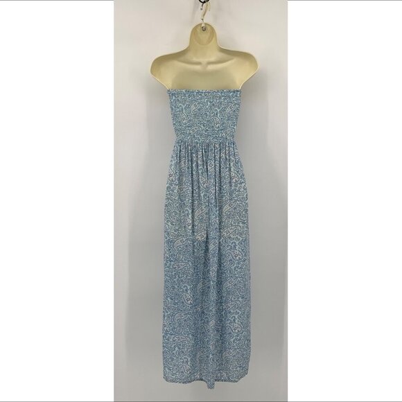 Patrons of Peace strapless midi dress blue floral smocked elastic faux wrap XS - Picture 4 of 5